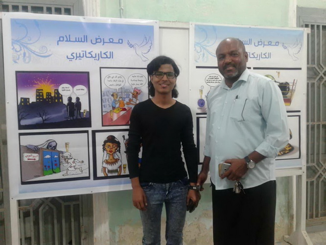 مسجدي يزور اعمال المعرض الاول للكاريكاتيري الفن من اجل السلام للفنان عبدالرحمن الجابري 