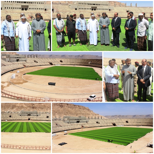 الوكيل الكثيري يطلع على سير العمل في مشروع تعشيب إستاد الشهيد علي العامري الأولمبي بسيئون