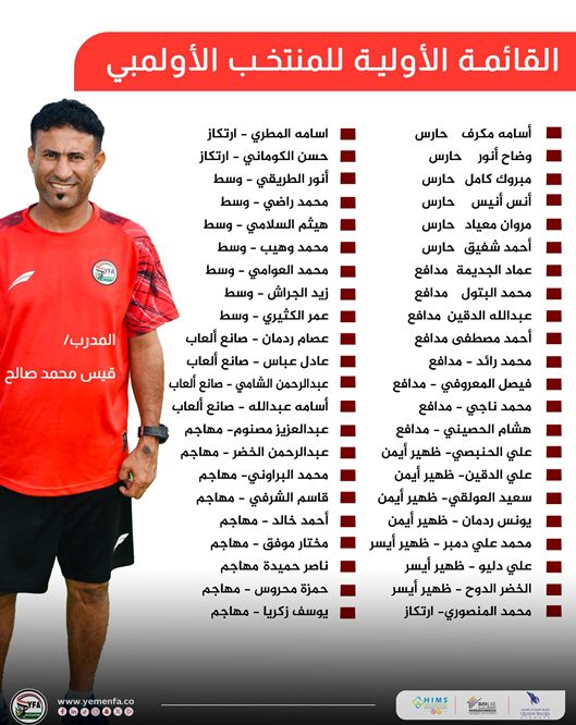 القائمة الأولية تضم (44) لاعباً الأحد .. المنتخب الأولمبي يبدأ معسكره في صنعاء استعدادًا لبطولة كأس الخليج بالدوحة