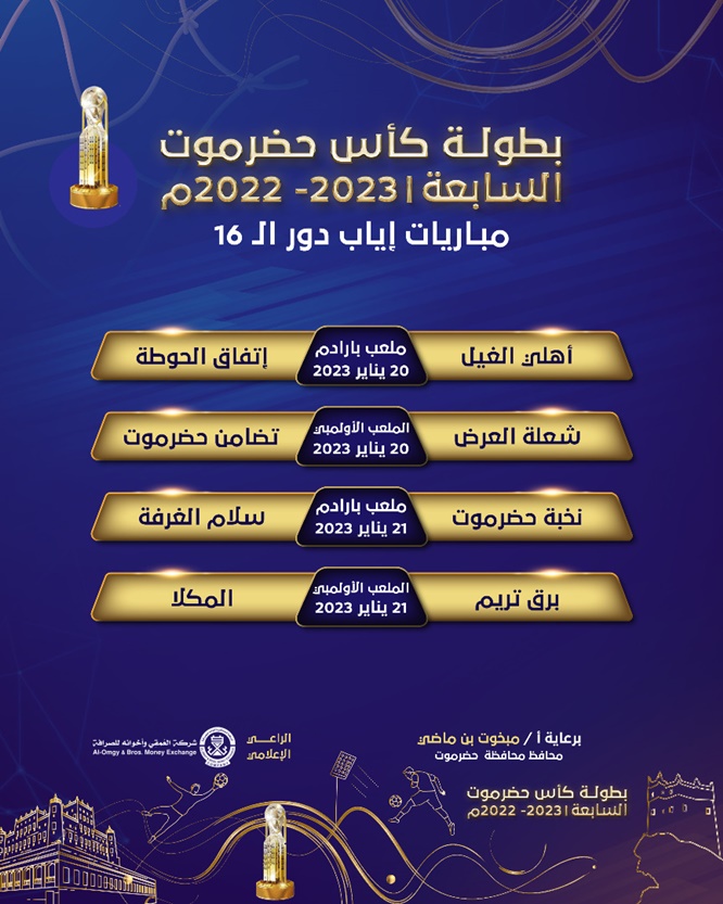 الجمعة والسبت ختام دور 16 لكأس حضرموت السابعة لكرة القدم 