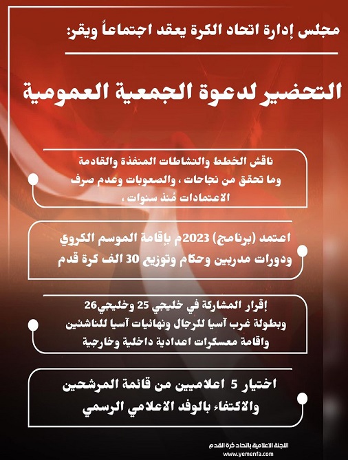 مجلس إدارة اتحاد الكرة عقد اجتماعاً وأقر التحضير لاجتماع الجمعية العمومية..وناقش الخطط والنشاطات المنفذة والقادمة
