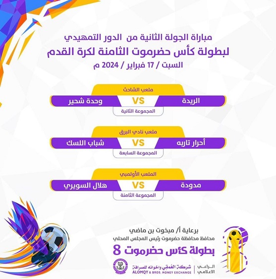 مباريات اليوم في الجولة الثانية من الدور التمهيدي لـبطولة كأس حضرموت الثامنة لكرة القدم .