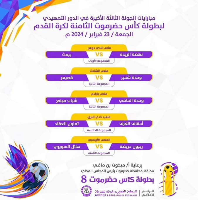 مباريات اليوم الجمعة 23 فبراير 2024 في افتتاح الجولة الثالثة للدور التمهيدي لـبطولة كأس حضرموت الثامنة لكرة القدم 