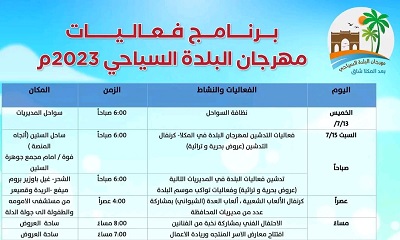 عاجل : اللجنة الفنية تُعلن برنامج فعاليات مهرجان البلدة السياحي 2023م