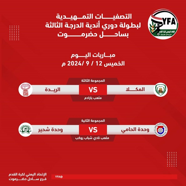 مباريات الخميس 12-9-2024  التصفيات التمهيدية لأندية الدرجة الثالثة لكرة القدم بساحل حضرموت 