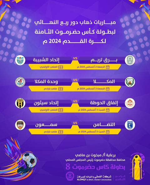 كأس حضرموت الثامنة محطة جديدة من الإثارة والتشويق وسخونة المواجهات والمدرجات