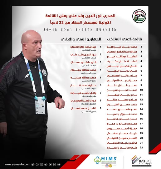 الجهاز الفني للمنتخب الوطني الأول يعلن القائمة الأولية للمعسكر الداخلي بمدينة المكلا استعداداً لمباراة لبنان