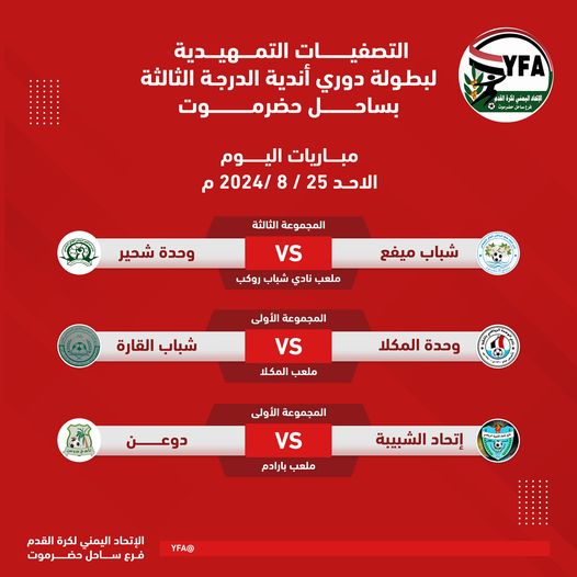 مباريات اليوم .. التصفيات التمهيدية لبطولة أندية الدرجة الثالثة لكرة القدم - ساحل حضرموت