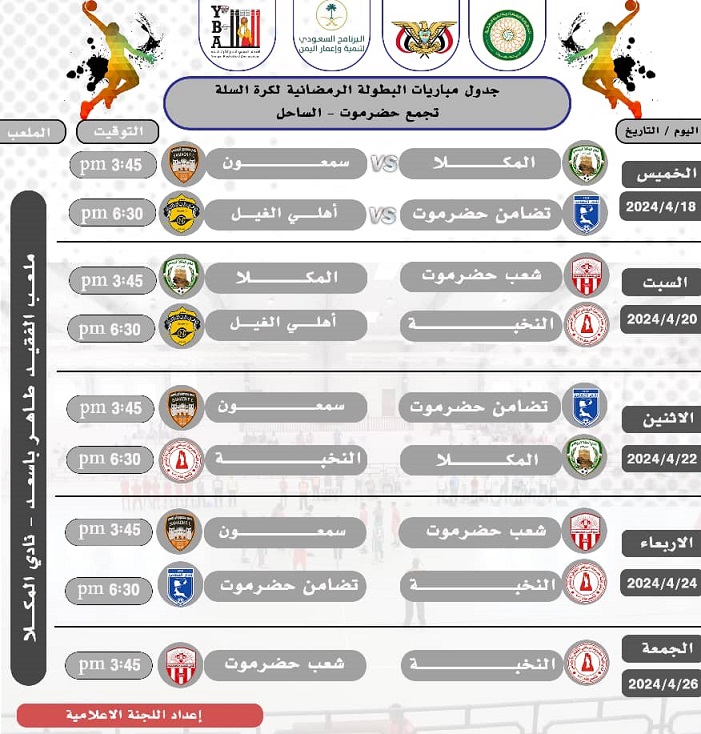 الخميس استئناف مباريات بطولة كرة السلة الرمضانية لأندية ساحل حضرموت 