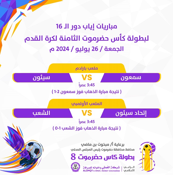 الجمعة والسبت : جولة حاسمة ختامية في ثمن نهائي كأس حضرموت الثامنة 