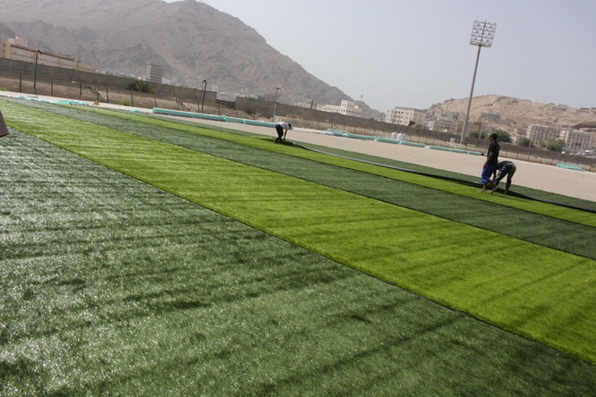 العمودي وباضاوي  يتفقدان العمل بمشروع تعشيب ملعب الفقيد بارادم بالمكلا