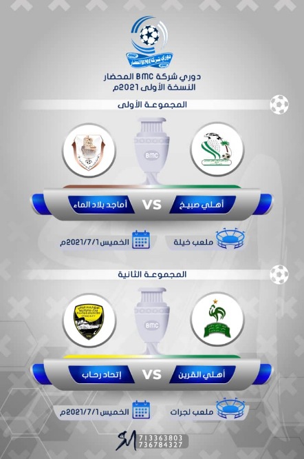 غداً الخميس أهلي صبيخ يقابل أماجد بلاد الماء ولقاء مرتقب بين أهلي القرين وإتحاد رحاب في إفتتاح مباريات دوري bmc المحضار