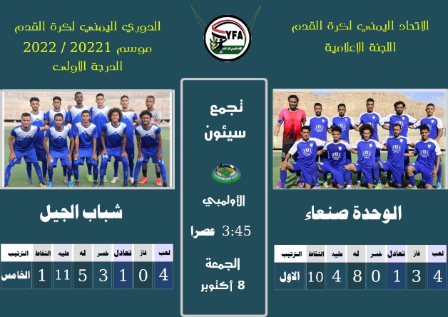 اليوم الجمعة.. المتصدر وحدة صنعاء يلتقي المتذيل شباب الجيل 