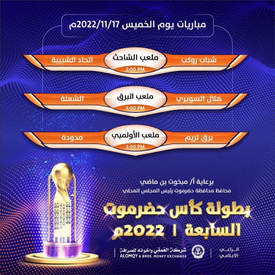في كأس حضرموت..شباب روكب طموح البطاقة الثانية .. برق تريم وشعلة العرض  عينهما على الصدارة والانفراد بالمقدمة*