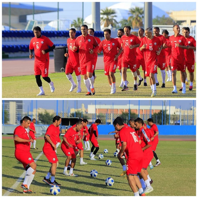 منتخبنا الوطني يجري اول حصة تدريبية على ملعب جابر الاحمد الدولي .