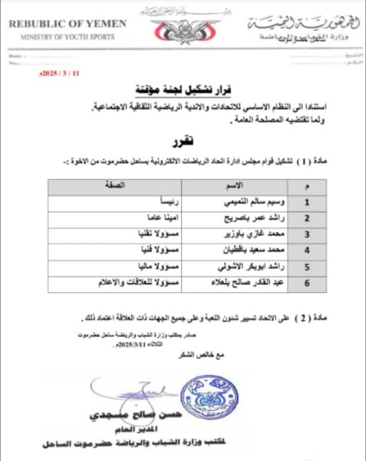 مكتب وزارة الشباب والرياضة ساحل حضرموت يصدر قرارا بتشكيل اتحاد الرياضات الالكترونية.
