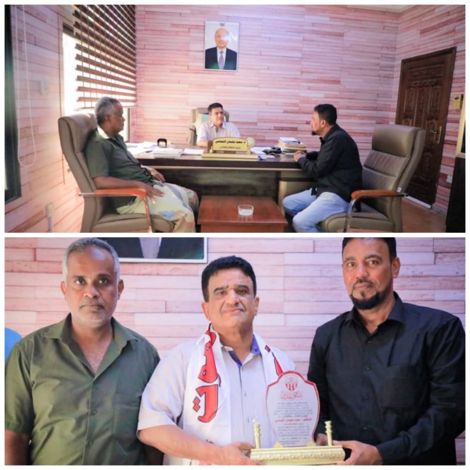 بعثة نادي شعب حضرموت تزور معالي وزير النفط والمعادن الدكتور سعيد الشماسي وتكرّمه بدرع النادي