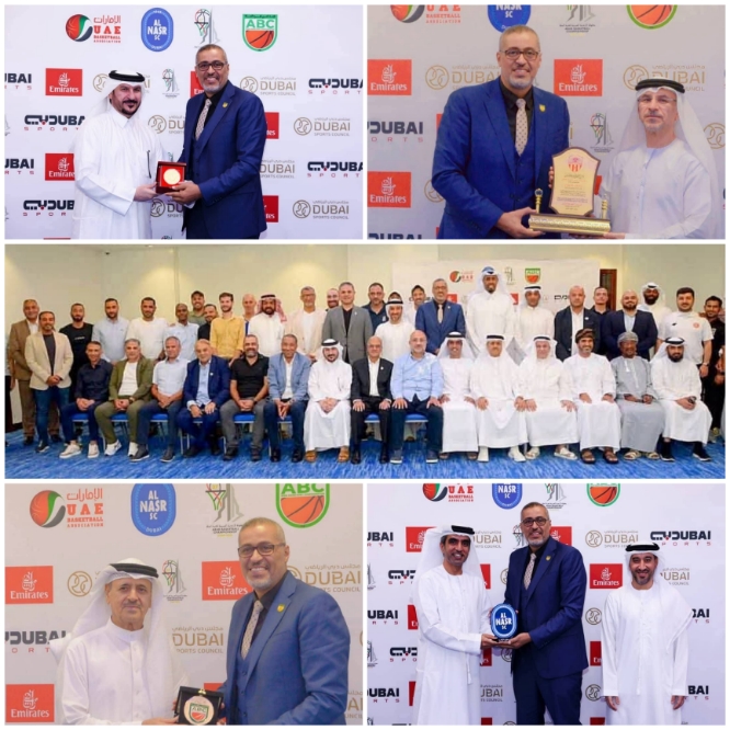 رئيس الاتحاد اليمني لكرة السلة يتسلم دروع وفدي شعب حضرموت والميناء عدن في البطولة العربية