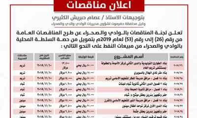 لجنة المناقصات بوادي حضرموت تعلن عن انزال مناقصات 27 مشروعا