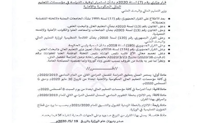 وزير التعليم العالي يصدر قرار بشأن استمرار تعليق الدراسة في مؤسسات التعليم العالي