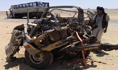 حادث مروري مؤسف بطريق ثمود بصحراء حضرموت يودي بحياة اكثر من خمسة واصابة اربعة واخرين
