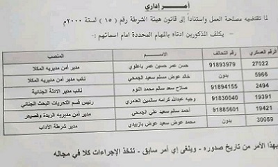 وكيل وزارة الداخلية للمحافظات الشرقية مدير عام الامن والشرطة بساحل حضرموت يصدر امر اداري بعدد من التكليفات في الجهاز الامني في مديريات الساحل