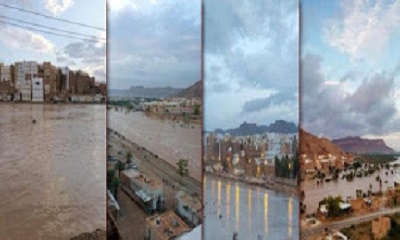 سيول الأمطار تُغرق الشوارع والوديان في عدد من المناطق بحضرموت