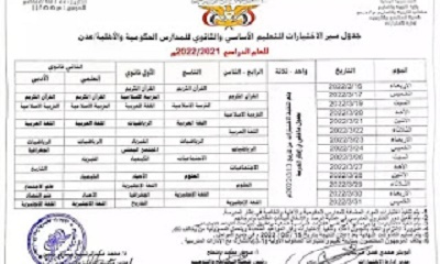 وزارة التربية والتعليم بالعاصمة عدن تعلن موعد الإختبارات النهائية لمدارس التعليم الاساسي والثانوي والأهلي