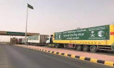 أكثر من 100 شاحنة إغاثية تدخل منفذ الوديعة قادمة من المملكة العربية السعودية