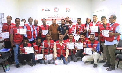 اختتام الدورة التدريبية لفريق متطوعي الاستجابة والاسعافات الاولية اثناء الكوارث بفرع الجمعية بحضرموت