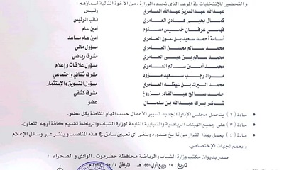 عاجل : مكتب وزارة الشباب والرياضة محافظة حضرموت ـ الوادي والصحراء يصدر قرارا بتشكيل لجنة مؤقتة لتسيير نادي الاحرار الرياضي بتاربة