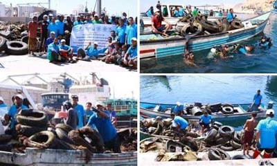 بدعم مؤسسة موانئ البحر العربي.. جمعية”غواصي حضرموت” تنفذ حملة لتنظيف قاع حوض ميناء المكلا