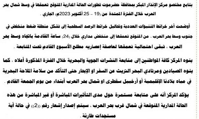 مركز الإنذار المبكر بحضرموت ينبه من إحتمالية تكون منخفض مداري الساعات المقبلة ويطالب بتوخي الحذر