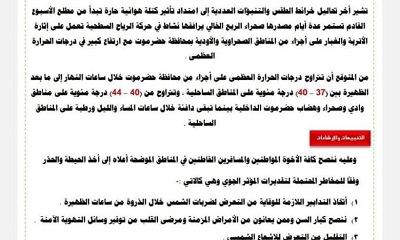 مركز الإنذار المبكر بحضرموت يحذر من موجة حر تصل إلى 44 درجة مئوية