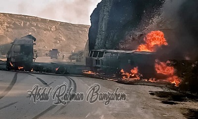 إحتراق قاطرة محملة بالوقود على الخط الدولي في بروم ميفع