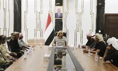 مقادمة وأعيان قبيلة باسلوم السيباني يقدّمون التهاني لمحافظ حضرموت بالعيد السعيد